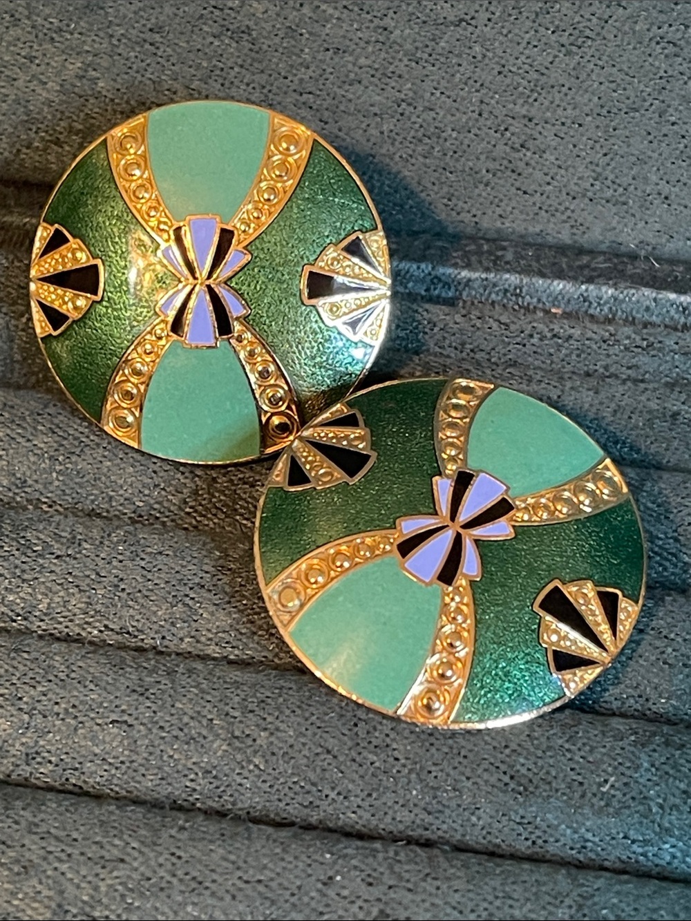 Vintage Art Deco Cloisonné Enamel Disc Clip On Earrings - Picture 3 of 8